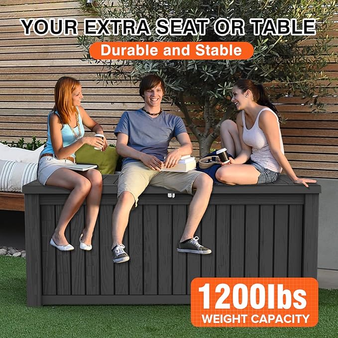 180 Gallon Resin Deck Box, Waterproof Outdoor Storage Bin for Patio Furniture, Pool Accessories, and Garden Tools, Lockable & UV-Resistant, Black
