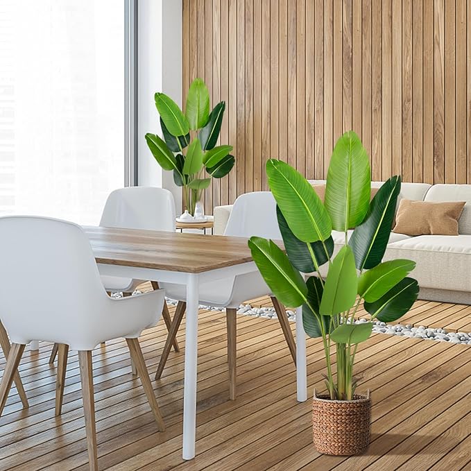 Artificial Bird of Paradise Plant 5.2Ft Fake Tropical Palm Tree with 10Trunks Faux Banana Leaf Trees in Pot for Home Indoor Outdoor Office Modern Decor Housewarming Gift（2Pcs）