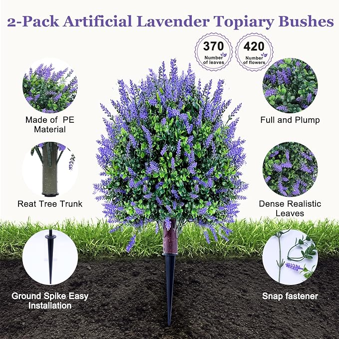 Fake Lavender Plant Set of 2: 24" Tall Outdoor Artificial Plants with Ground Spike, UV Resistant for Indoor/Outdoor Decor