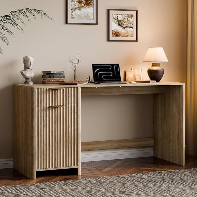 58" Fluted Home Office Desks with Storage, Modern Executive Desk Computer Desk with Drawer & Cabinet, Wood Work Desk for Office, Bedroom, Study, Living Room, Oak