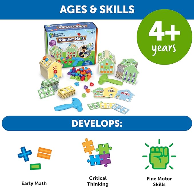 Learning Resources Number Nails Activity Set - Math Manipulatives for Preschoolers Games, Counting Hammer Toy, STEM Fine Motor Skills, Kindergarten Educational Activities, Gifts for Boys and Girls