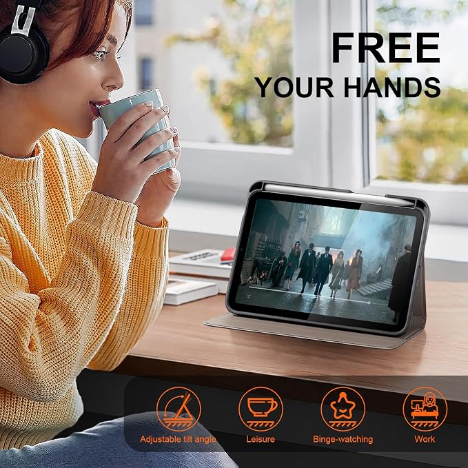 Case for iPad Mini7(A17 Pro) 2024/6th 2021 8.3 with Pencil Holder | Leather Protective Shockproof Smart Cover Adjustable Stand Auto Wake/Sleep Multiple View Angles Black