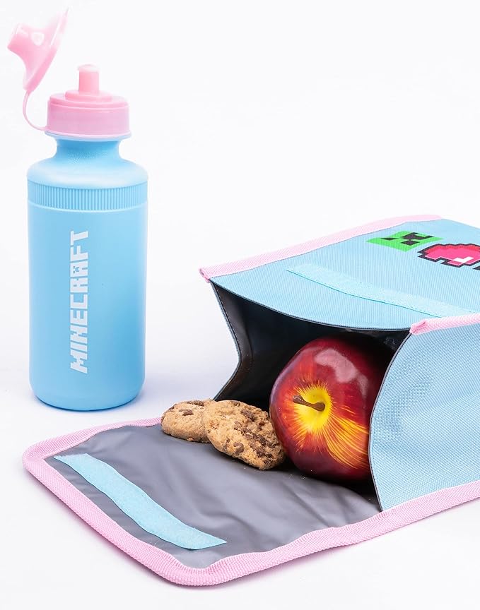 Minecraft Backpack and Lunch Box Set for Girls | Kids 4 Piece Creeper Panda Hearts Blue School Rucksack, Lunch Bag, Pencil Case, Water Bottle One Size