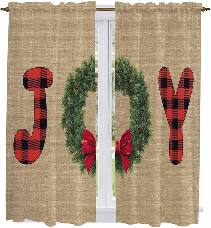 Red Green Christmas Window Curtains 63 Inch Long 2 Panel Set, Rod Pocket