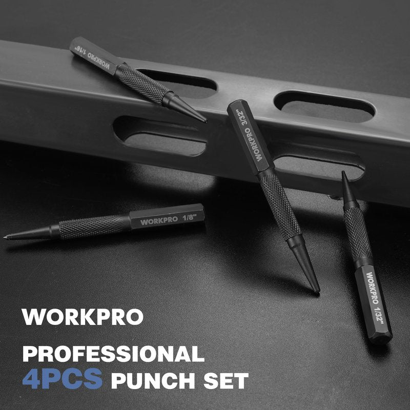 WORKPRO 4-Piece Nail Punch and Center Punch Set, Hardened Cr-V Steel with Knurled Grip,1/32", 1/16", 3/32" Nail Setter & 1/32" Center Punch Tool