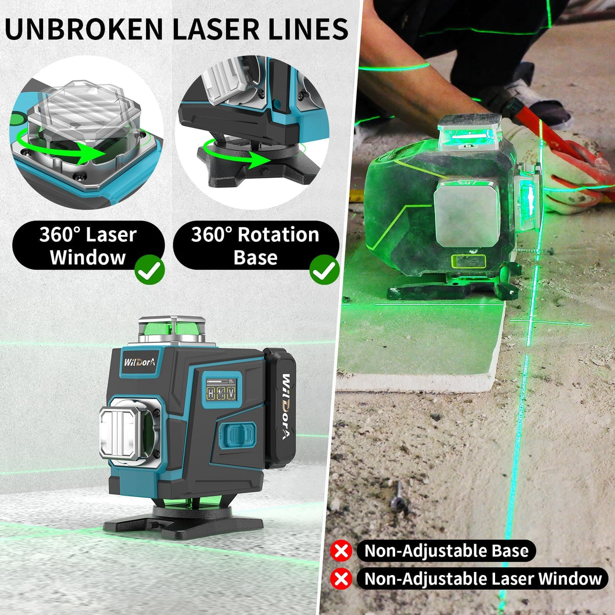 Wildora Laser Level with Tripod, 4x360° Self Leveling ±4° Laser Level, Remote Control 4D Green 16 Line Laser Leveler Tool for Woodworking&Renovation, with 2x4800mAh Li-ion Batteries&Hard Carry Case
