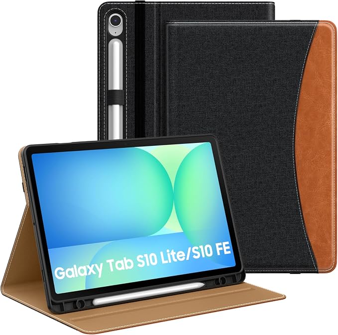 MoKo Case for Samsug Galaxy Tab S10 Lite/ S10 FE/ S9 FE/ S9 10.9/11 Inch | Built-in S Pen Holder Case for Samsung Tablet (2025/2023) PU Leather Hand Strap &amp Front Pocket Blue &amp Brown