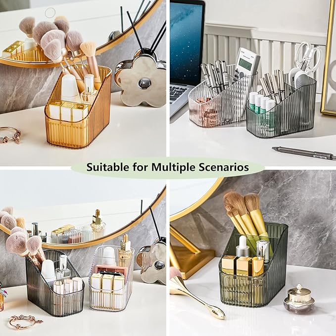 DASITON Large Capacity Makeup Brush Holder,3 Slot Makeup Brush Cup,Vintage striped Make Up Brush Holder,for Vanity Decor,Bathroom Countertops,Desk Storage Container,Cosmetic Display cases(Clear-S)