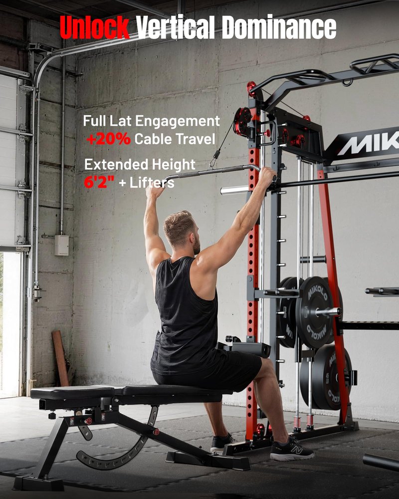 Mikolo M4 2.0 Ultra Smith Machine, Multi-Function Squat Rack with LAT-Pull Down System & Cable Crossover Machine, Training Equipment with Leg Hold-Down Attachment, Red