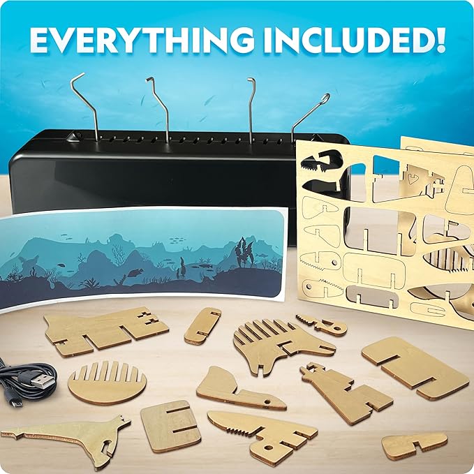 National Geographic Motorized Shark 3D Puzzle - 45-Piece 3D Wood Model Kit with Light-Up Motorized Display Base with 8 Light Settings, 3D Puzzles for Kids, Wooden Animal Puzzle, Shark Toy
