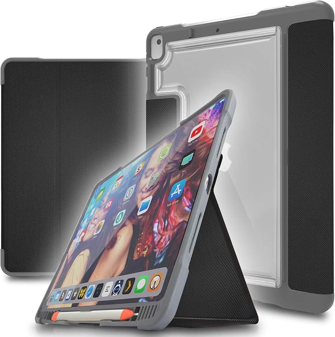 STM Dux Plus for iPad Pro 12.9 (3rd-6th Gen): Ultra Protective Lightweight with Clear Back Apple Pencil Holder Battery Saving On/Off Cover - Black