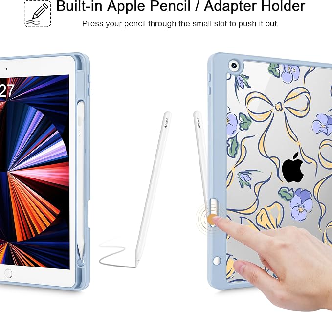 Case for iPad 9th/8th/7th Generation 10.2-Inch (2021/2020/2019 Release) with [Built-in Pencil Holder] Shockproof Cover with Clear Transparent Back Shell &amp Auto Wake/Sleep - Blue Bows