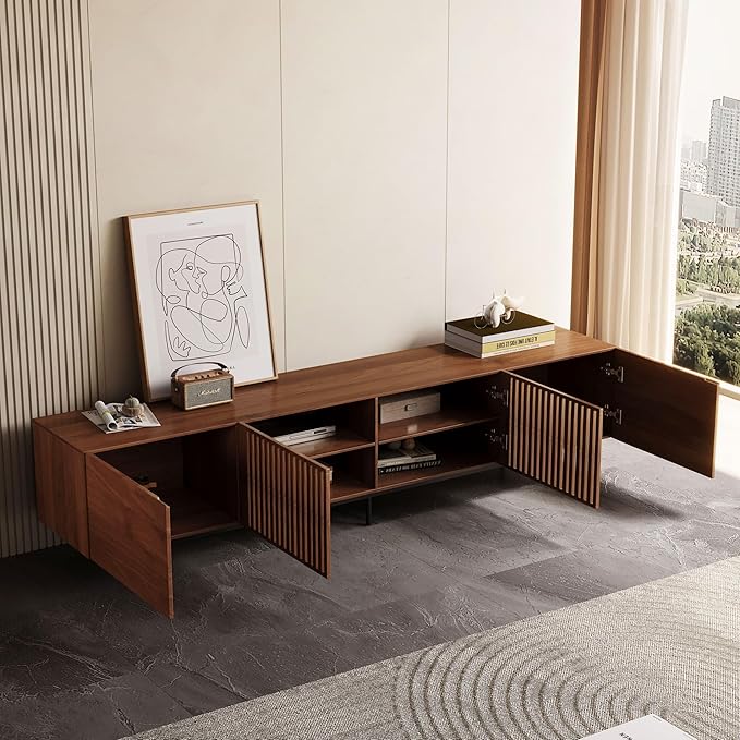 NessCarsti Mid Century Modern TV Stand for 80+ Inch TVs, 94.48" Walnut Console with Ample Storage – Stylish Entertainment Center for Living Room or Bedroom