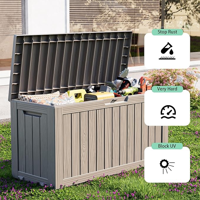 76 Gallon Outdoor Deck Box,Storage Lockable Waterproof Patio Furniture,Garden Tools,Cushions,Pool Accessories Outside Storage Resin Box(Grey)