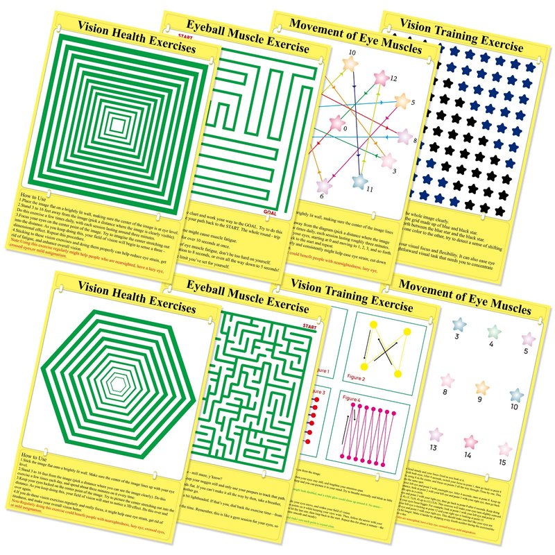 8 Pack Eye Exercise Chart- Visual Muscle Relaxation Chart Eye Fatigue Relief Eye Training Posters Eyes Strain Vision Therapy 3D Visual Stimulation Wall Art for Home School Classroom Office Desk Signs