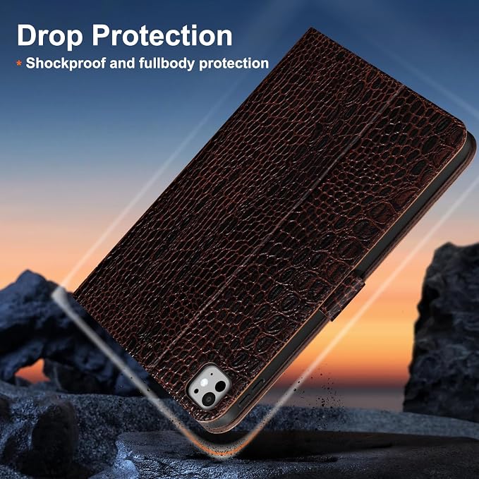 Gexmil Leather Case for iPad Pro 13 Inch M5/M4 2025/2024Crocodile Brown | Genuine Leather Cover with Magnetic ClosureSmart Folio Auto Sleep/WakeProtective ShockproofAdjustable Stand