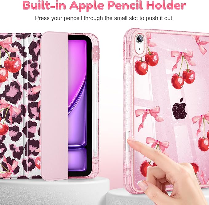 for iPad Air 11 inch M4/M3/M2 (2026/2025/2024) iPad Air 5th/4th Gen (2022/2020) 10.9 inch with Pencil Holder Glitter Clear Pretevtive Cover Auto Wake/Sleep Black Cartoon Stickers