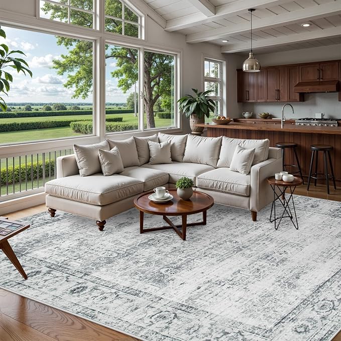 Lahome Vintage 9x12 Washable Grey Rugs for Living Room Bedroom, Boho Dining Room Rugs for Under Table, Soft Non Slip Indoor Throw Carpet for Home Office Playroom (9x12ft,Grey)