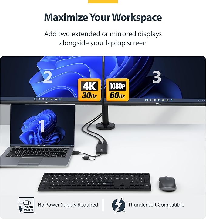 StarTech.com Dual Monitor Adapter for M1/M2/M3/M4 macOS Systems, Windows, ChromeOS. Thunderbolt, USB 3.0 or USB-C HDMI Splitter Extended Display, 4K30 Output 1 & 1080p Output 2, (107B-USB-HDMI-2)