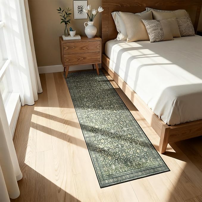 Lofus 2X 6 Runner Rug for Hallways,Green Washable Runner Rugs with Non Slip Rubber Backing, Low Pile Soft Carpet Runner for Kitchen Bathroom Bedroom Laundry