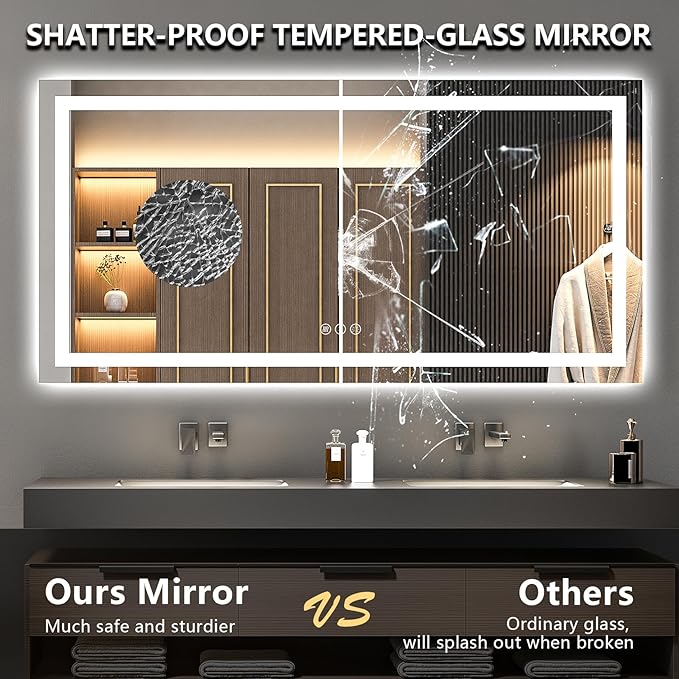 YEELAIT 72x36 Inch LED Bathroom Mirror with Lights Front and Backlit Lighted Vanity Mirror for Bathroom Wall with 3 Colors Dimmable Anti-Fog Memory Shatter-Proof IP54 Waterproof Horizontal/Vertical