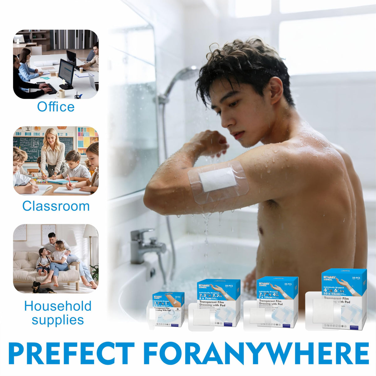 HTLARY Waterproof Transparent Film Dressing with Absorbent Pad 50-Pack Sterile Adhesive Bandages Post-Surgical Wound Cover, Protective Barrier for Sensitive Skin (2.3‘’x2.7‘’)