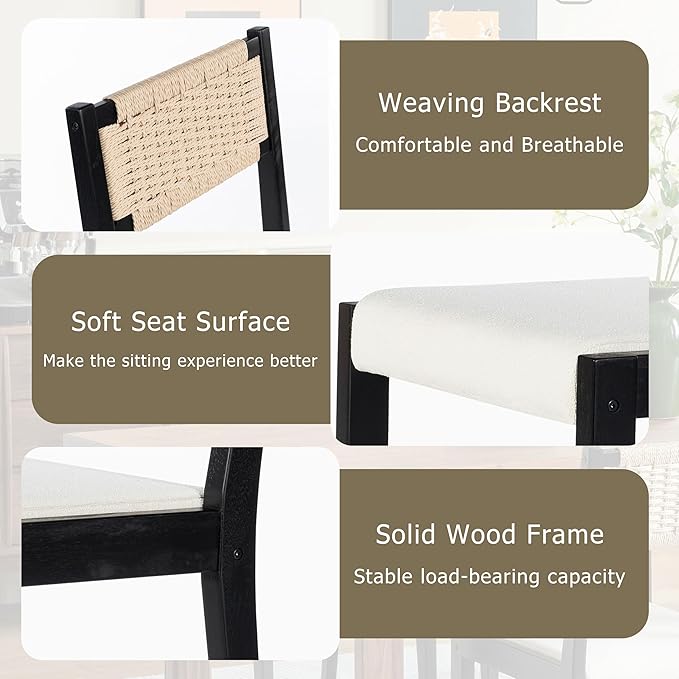 Chogori Wooden Dining Chairs, Modern Farmhouse Kitchen & Dining Room Accent Side Chairs with Woven Rope Back and Fabric Upholstered for Home, Living Room (Black, Set of 6)