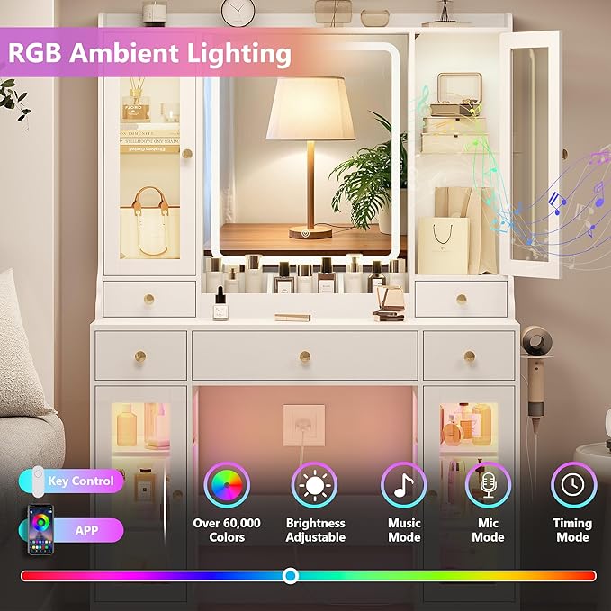 White Vanity Desk with Mirror and Lights, Makeup Vanity Table with Lighted Mirror, 5 Drawers & RGB Cabinet, Dressing Table Set with Charging Station for Girls Bedroom, 3 Lighting Modes