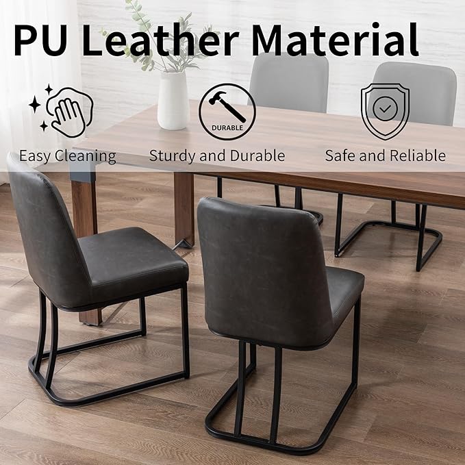 Charcoal PU Leather Dining Chairs Set of 2 Mid Century Modern Comfortable Dining Room Chair with Curved Backrest, Upholstered Kitchen Side Chairs with Black Metal Legs