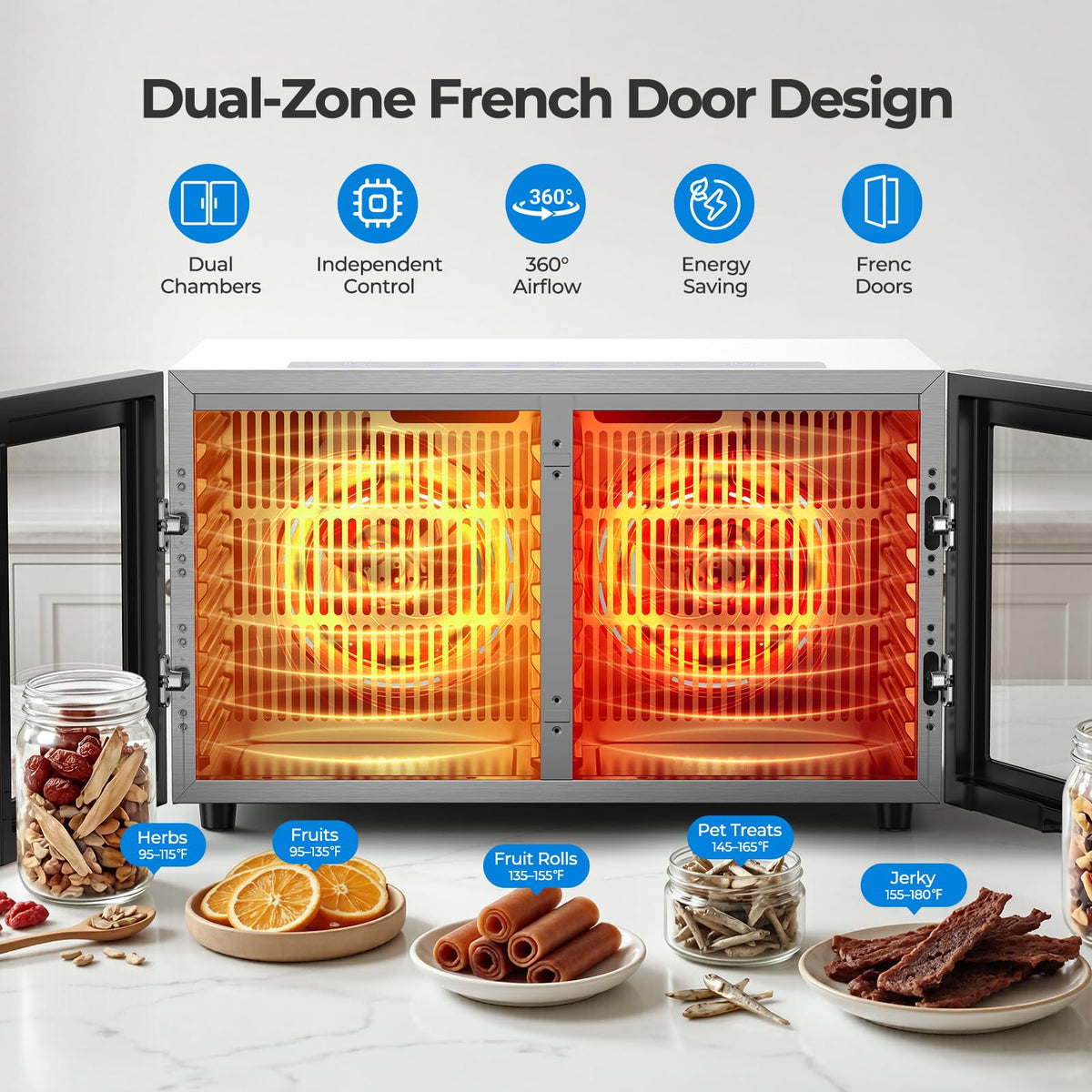 OSTBA Dual Zone Food Dehydrator with 20 Stainless Steel Trays, 1300W Food Dryer with Independent Controls, 95–180°F Temperature Range & 48H Timer for Jerky, Meat, Fruit, Vegetables, Herbs & Pet Treats