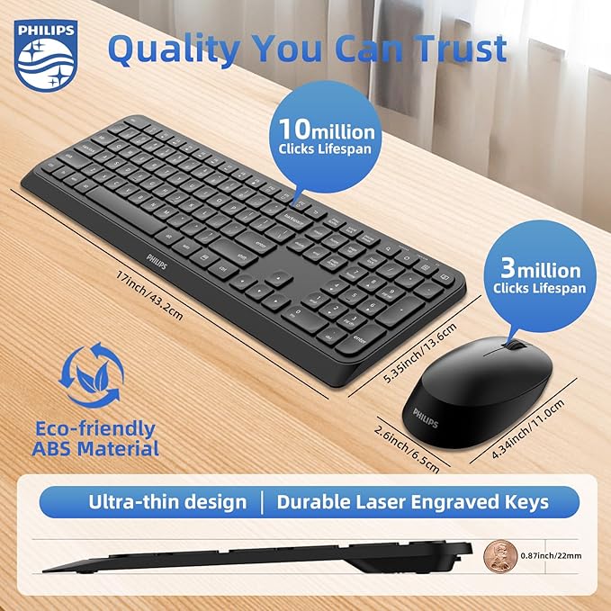 PHILIPS Quiet Wireless Keyboard and Mouse Combo, Silent Keyboard and Mouse Wireless Combo for Laptop PC Computer, Connects with Only One USB-A Dongle, No Bluetooth