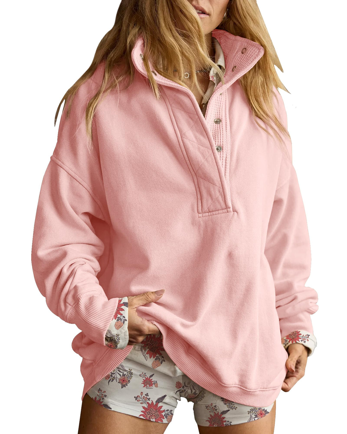 Gacaky Sweatshirt for Women Oversized Casual Long Sleeve Button Henley Neck Pullover Tops Fashion Outfits Clothes Pink XXL