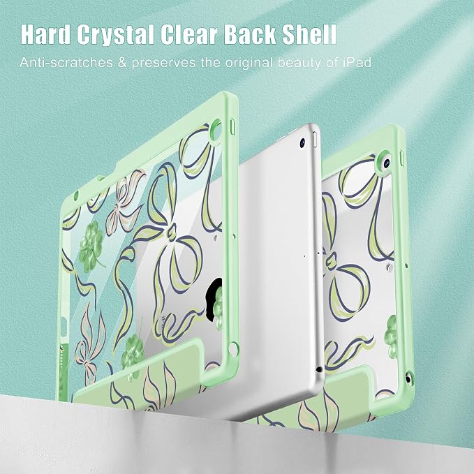 Case for iPad 9th/8th/7th Generation 10.2-Inch (2021/2020/2019 Release) with [Built-in Pencil Holder] Shockproof Cover with Clear Transparent Back Shell &amp Auto Wake/Sleep - Blue Bows