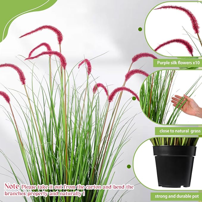 Jexine 2 Pieces Faux Plants Outdoor 4 ft Tall Artificial Grass Plant Potted Artificial Setaria Grass Faux Greenery Floor Plants for Housewarming Gift House Garden Lobby Outdoor (Purple)