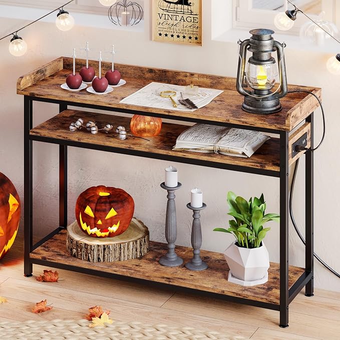 IRONCK Console Table, Sofa Table with Power Outlet, Farmhouse Hallway Table for Entryway, Living Room, Height Adjustable, Easy Assembly, Rustic Brown, 43"