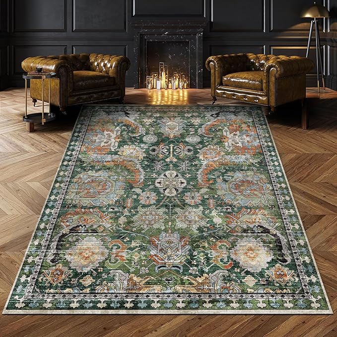 RUGSURE Washable Area Rugs - Perfect for Living Room, Bedroom, Kids Room, Nursery - Stain & Water Resistant Non-Slip, Pet & Child Friendly, Vintage Tribal Area Rugs (Green, 4' x 6')