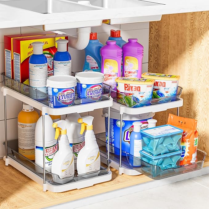 Delamu 2-Tier Multi-Purpose Bathroom Under Sink Organizers and Storage, Stackable Kitchen Pantry Organization, Pull Out Medicine Cabinet Organizer with Movable Dividers, Grey, 2 Pack