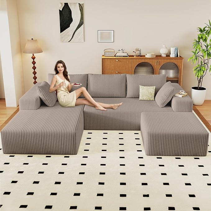 96" U-Shape Cloud Couch, Modern Modular Sectional L-Shape Sofa with Ottoman, Corduroy Upholstered Couches Deep Seat Chaise Longue for Living Room, No Assembly Required(Camel, Left Facing)