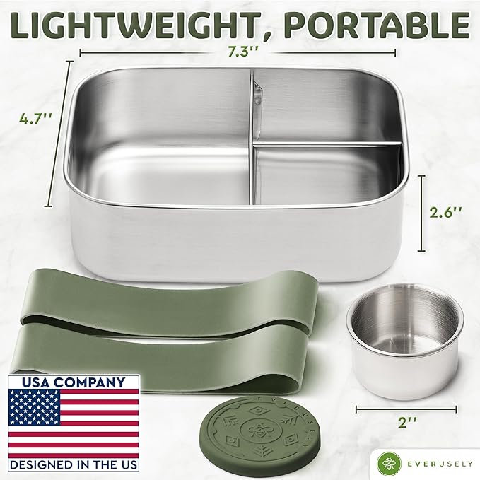 Everusely - Bento Box - Sage, 37oz / 1.1 L - Stainless Steel Lunch Box with Leakproof Condiment Container - 3 Compartment Snack Organizer for On the Go Meals - Freezer & Dishwasher Safe