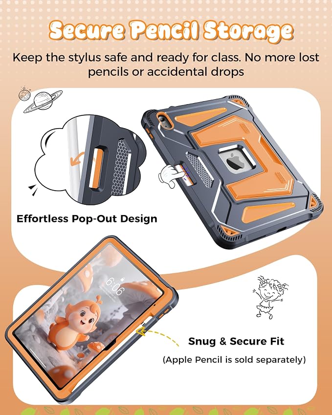 INFILAND Kids Case for iPad A16 11th Generation 11 Inch (2025) iPad 10th Generation 10.9 Inch (2022) Heavy Duty Rugged Shockproof Protective Cover with Dual-Support Folding Kickstand (Black)