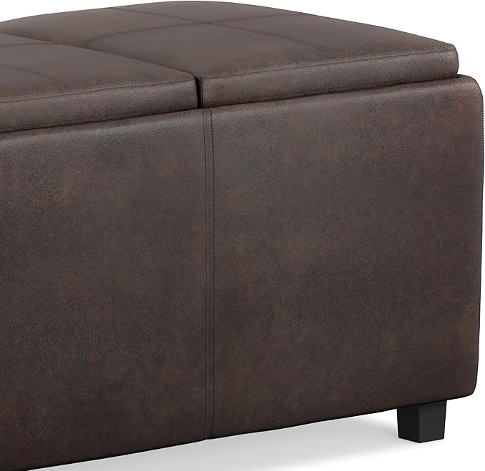 SIMPLIHOME Avalon Storage Ottoman - 42 inch Wide Upholstered Vegan Leather Rectangular Flip-Top Ottoman in Distressed Brown, Contemporary Coffee Table Ottoman for Living Room with Hidden Storage