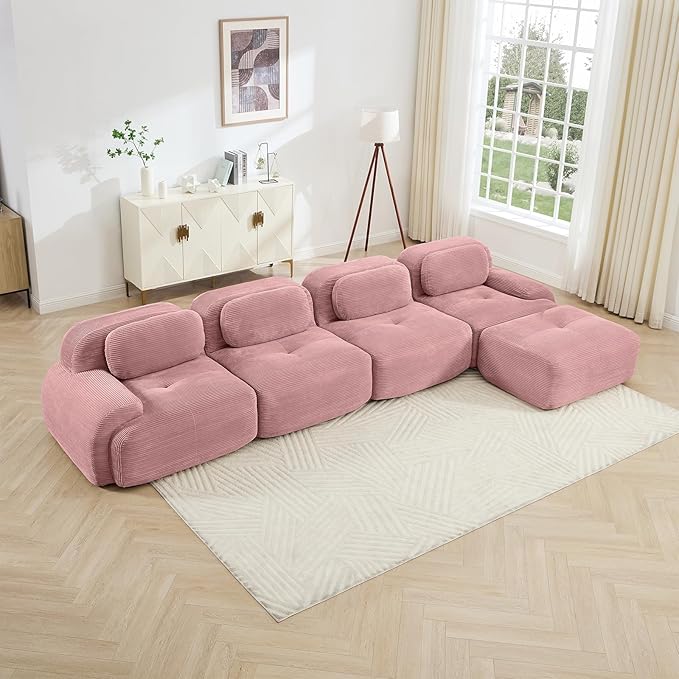152" Modern Compressed Boneless Couch with Ottoman, 4 Seater Large L Shaped Sectional Couches for Living Room, Pink Corduroy Cloud Modular Sectional Sofa, Memory Foam, Extra Deep, No Assembly
