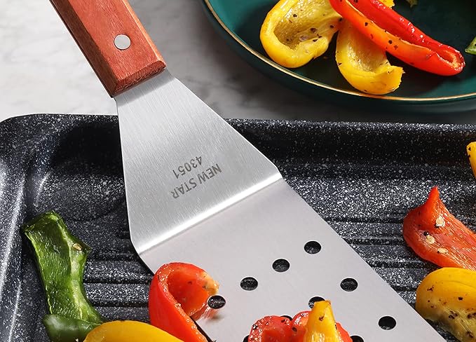 New Star Foodservice 14.5 Inch Flexible Grill Spatula Set, 2-Piece Stainless Steel Turners with Wood Handles for Griddle, Flat Top, Grill, and Restaurant Use