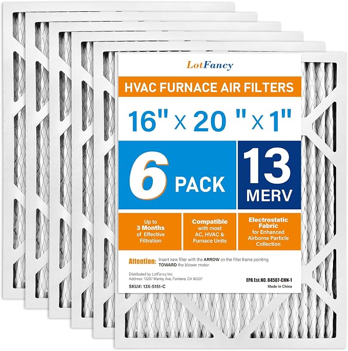LotFancy 16x20x1 Air Filter MERV 13 6-Pack, Electrostatic Pleated HVAC Furnace