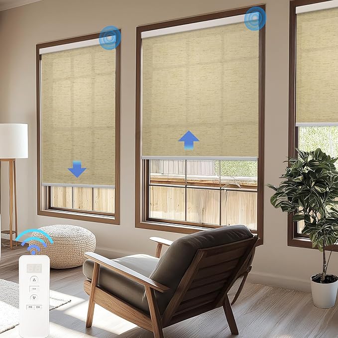 COOLWINDS Motorized Blinds with Remote Cordless Automatic Motorized Shades Custom Blinds for Windows Smart Curtains Compatible with Alexa Google Home(Light Filtering Linen Soft Dunes,W49 x H72in)