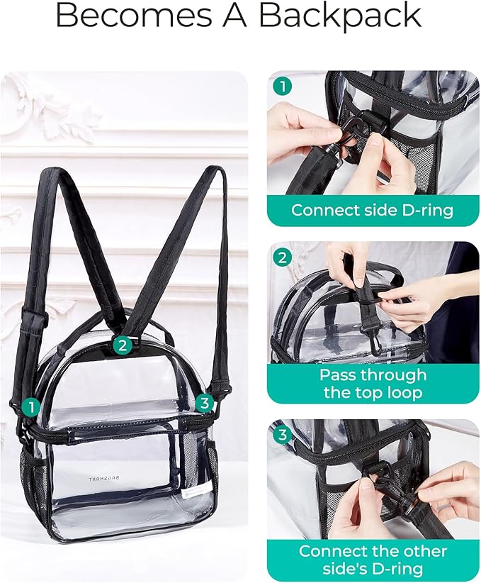 BAGSMART Stadium Approved Clear Bag 12"x6"x12", Double Deck Lunch Box, Convertible to Backpack, Waterproof PVC, Black