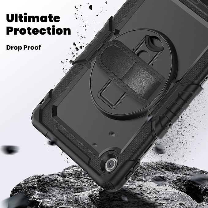 Junfire Shockproof Case for Lenovo Tab 10.1 (TB-311XU/TB-311FU) 2025 2026 | Screen Protector 360 Rotating Kickstand Hand Strap Shoulder Belt Black