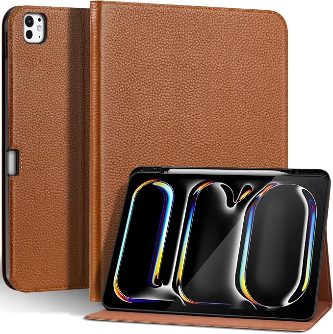 Genuine Leather Case for iPad 11th Gen 11/10th Gen 10.9 Black | Pencil Holder Adjustable Stand Auto Wake/Sleep Shockproof