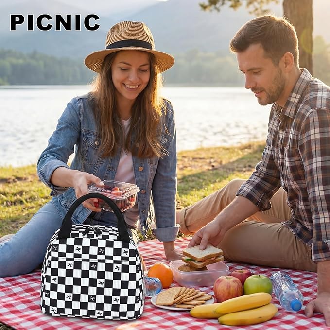 LEDAOU Lunch Box for Women Insulated Lunch Bag Corduroy Lunch Tote Bags Leakproof Cooler Lunch Case for Travel Work Picnic (Black Checkered Bow)