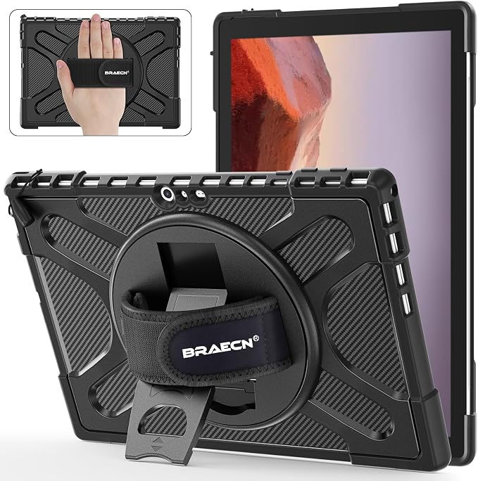 BRAECNstock Case for Microsoft Surface Pro 7+ Plus/7/6/5/4 12.3 - Black | Shockproof Case with 360° StandHand Strap &amp Pencil Holder | Type Cover keyboard CompatibleBusiness Friendly